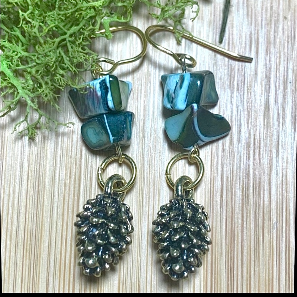 River shell blue green. Pine cone Out in the woods. Earrings Hand made